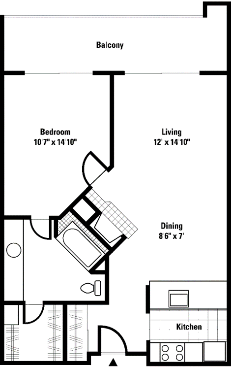 Floor plan for 1 bed, 1 bath, 740 sqft